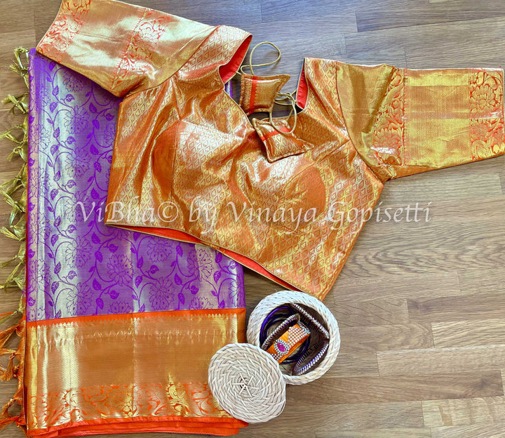 Saree - Purple And Orange Floral Kanjivaram Saree