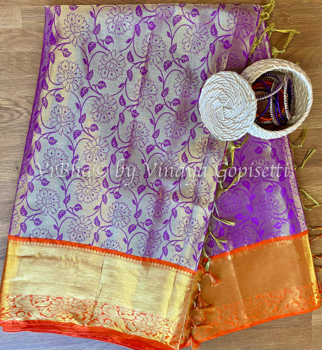 Saree - Purple And Orange Floral Kanjivaram Saree