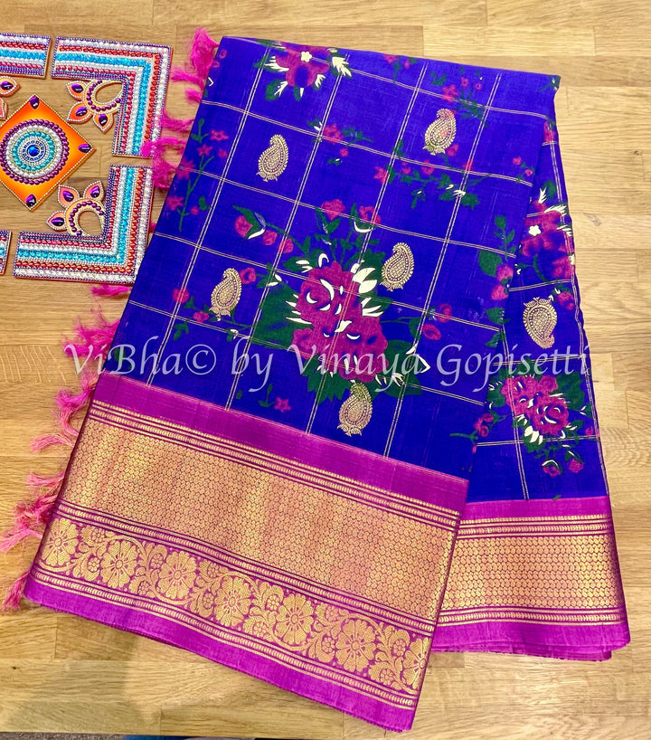 SAREE - Purple & Magenta Floral Checks Gadwal Silk Saree