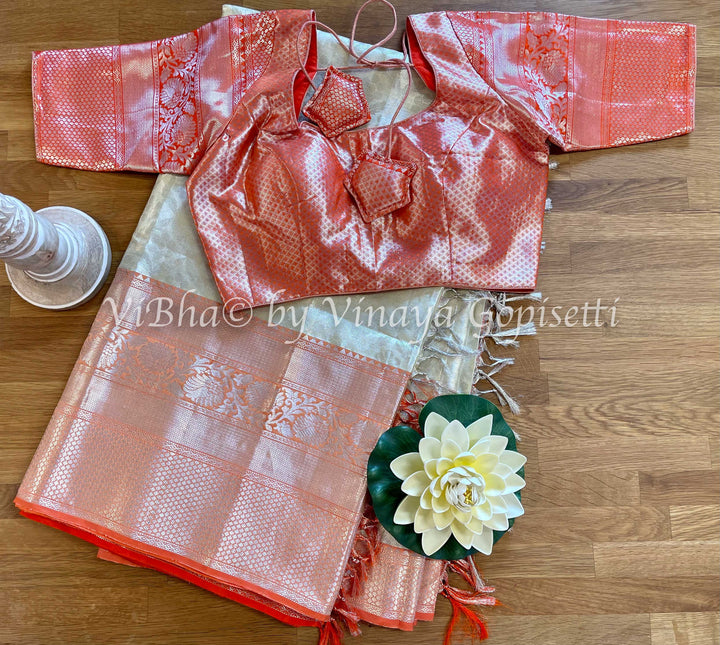 Saree - Silver And Orange Kanjivaram Saree