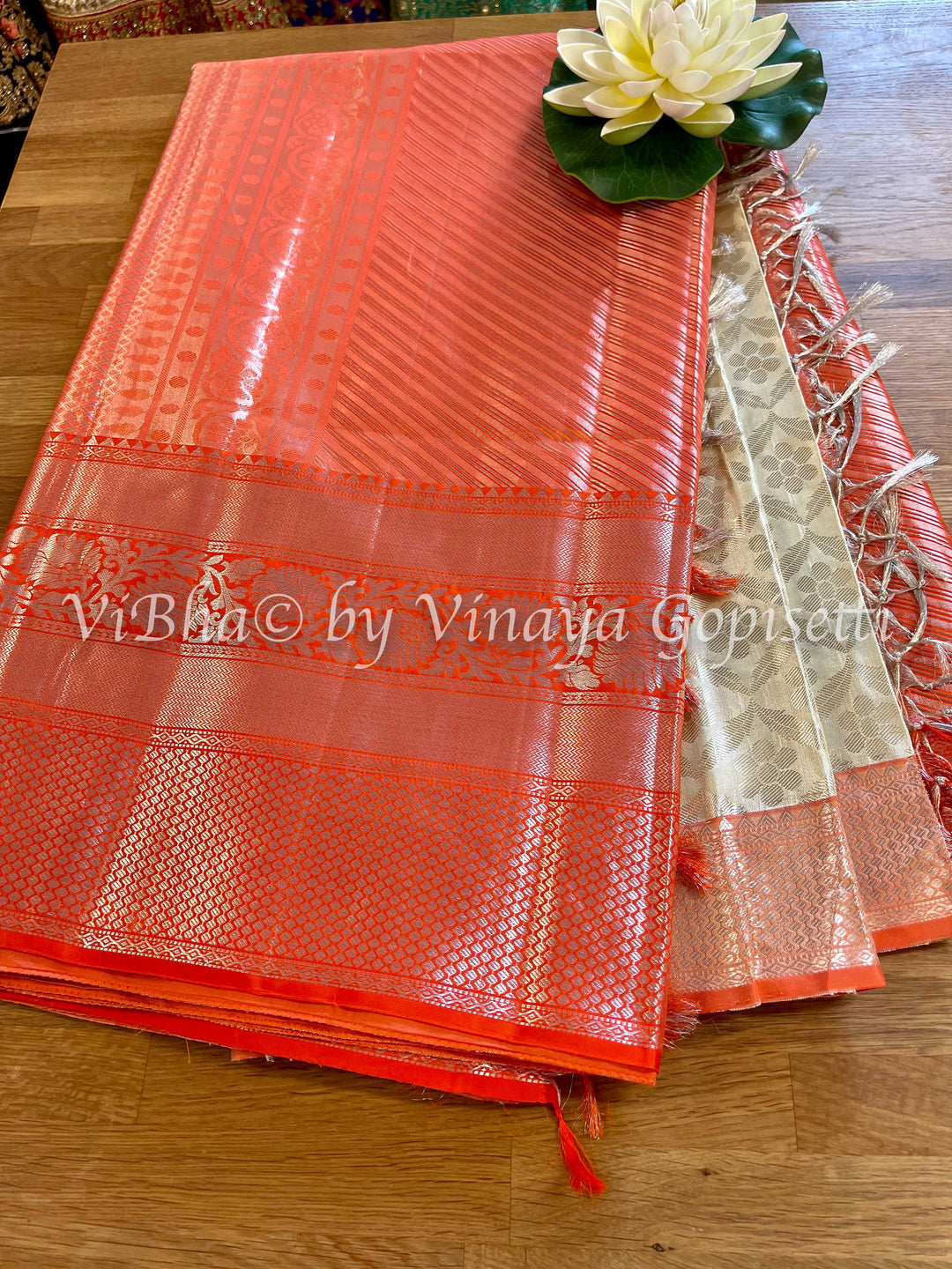 Saree - Silver And Orange Kanjivaram Saree