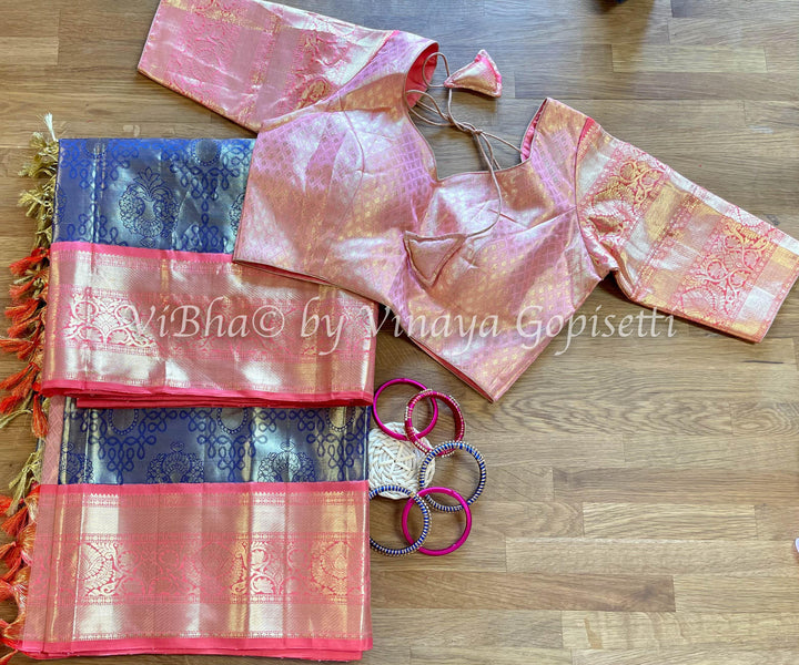 Saree - Tissue Gold And Blue Zari Rangoli With Peach Pink Kanjivaram Saree