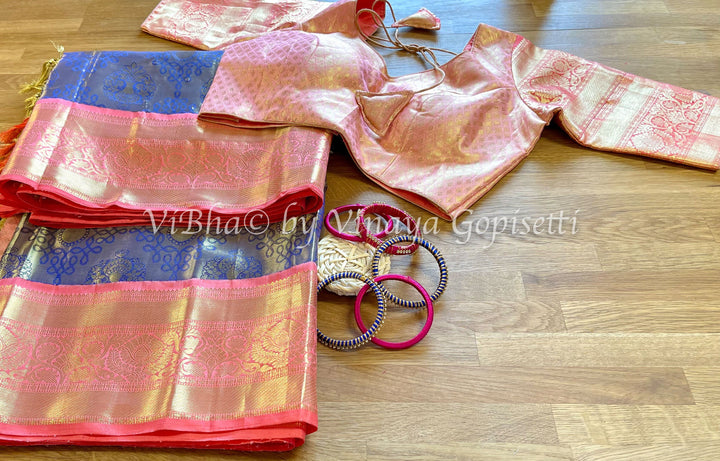 Saree - Tissue Gold And Blue Zari Rangoli With Peach Pink Kanjivaram Saree