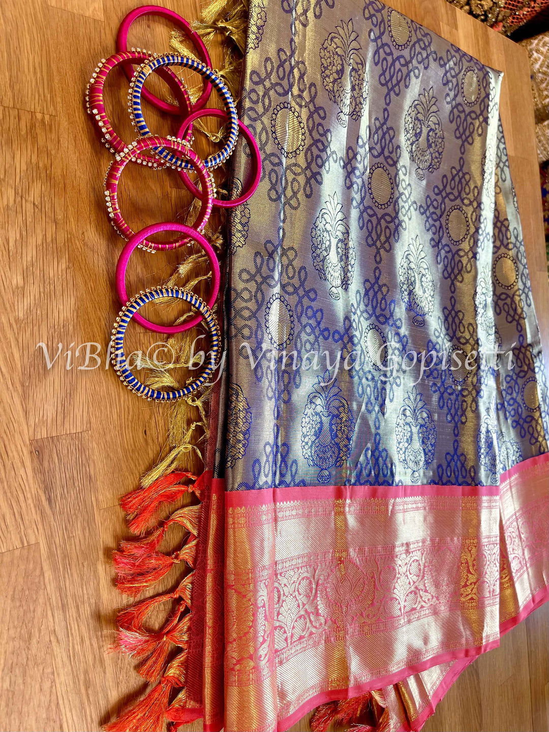 Saree - Tissue Gold And Blue Zari Rangoli With Peach Pink Kanjivaram Saree