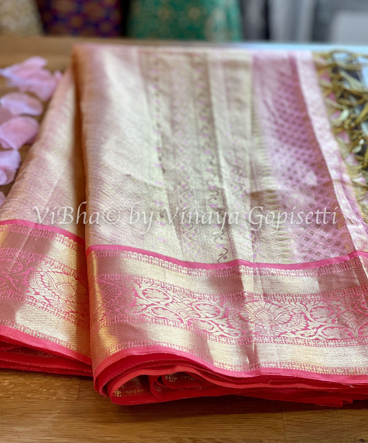 Saree - Tissue Gold And Blue Zari Rangoli With Peach Pink Kanjivaram Saree