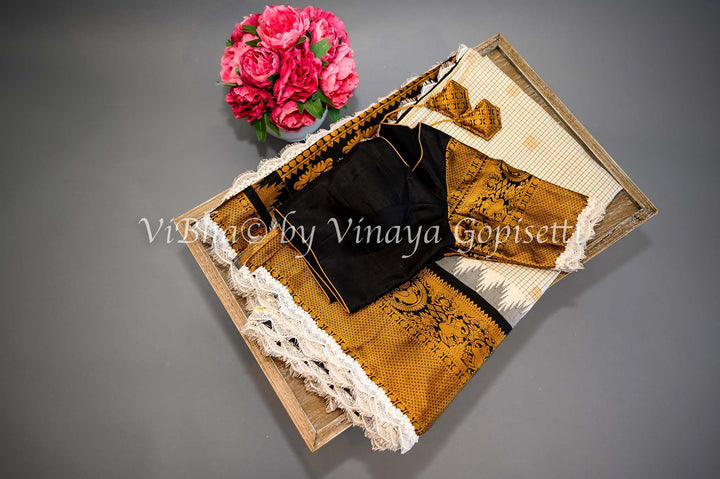 Sarees - Black And White Gadwal Silk Saree And Blouse With Embroidered Lace Borders