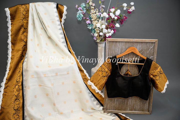 Sarees - Black And White Gadwal Silk Saree And Blouse With Embroidered Lace Borders