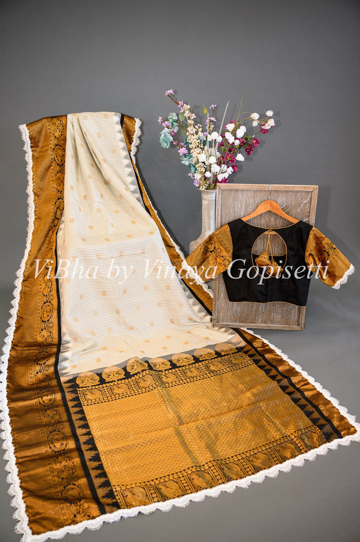 Sarees - Black And White Gadwal Silk Saree And Blouse With Embroidered Lace Borders