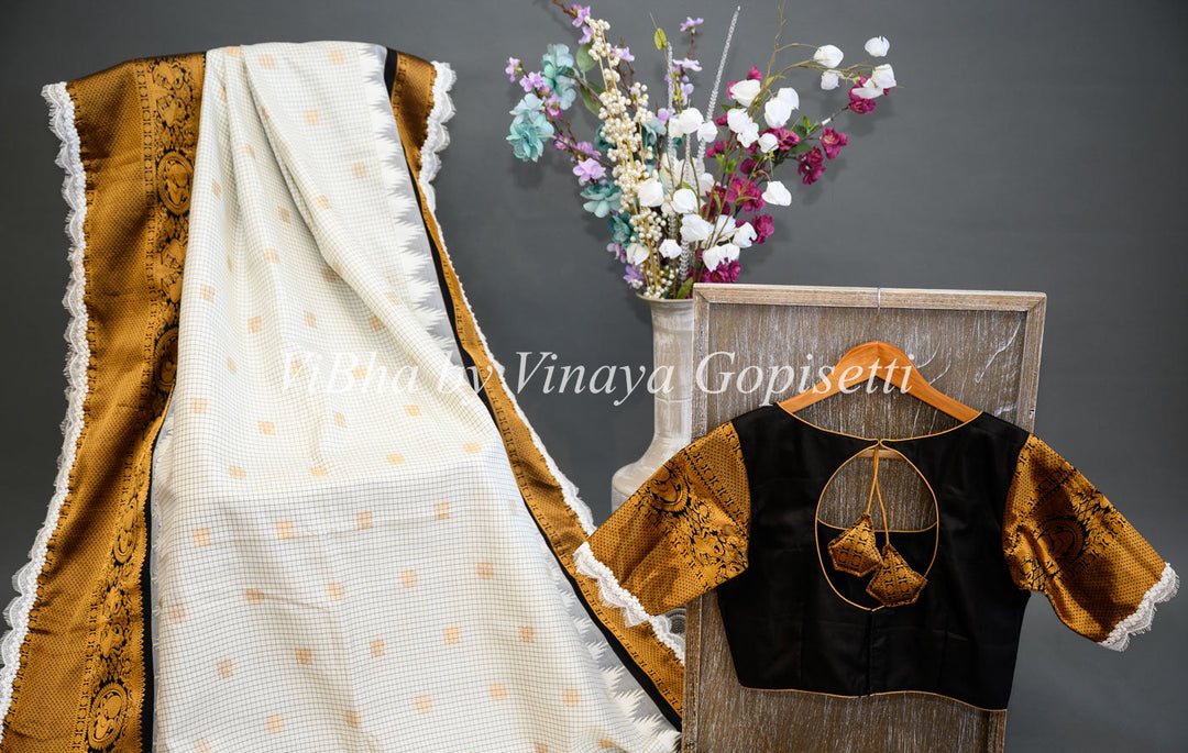 Sarees - Black And White Gadwal Silk Saree And Blouse With Embroidered Lace Borders