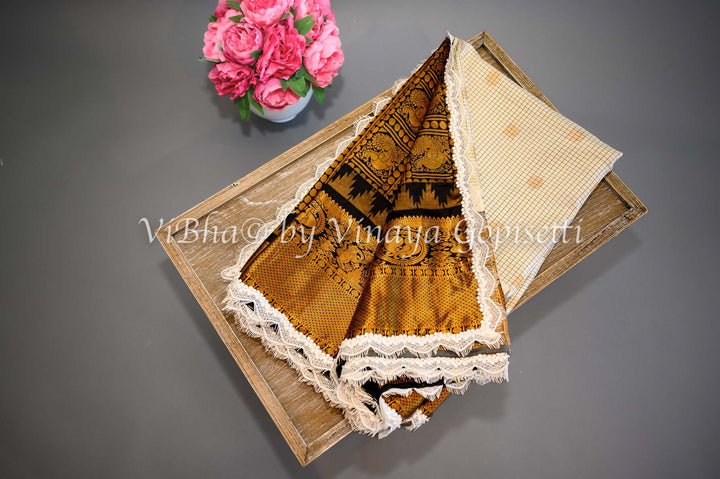 Sarees - Black And White Gadwal Silk Saree And Blouse With Embroidered Lace Borders