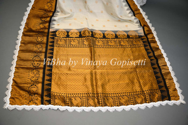 Sarees - Black And White Gadwal Silk Saree And Blouse With Embroidered Lace Borders