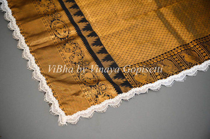 Sarees - Black And White Gadwal Silk Saree And Blouse With Embroidered Lace Borders