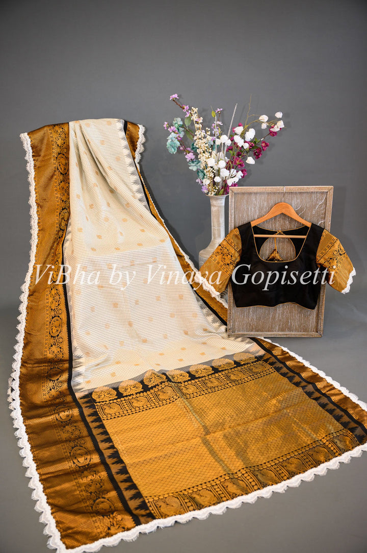 Sarees - Black And White Gadwal Silk Saree And Blouse With Embroidered Lace Borders