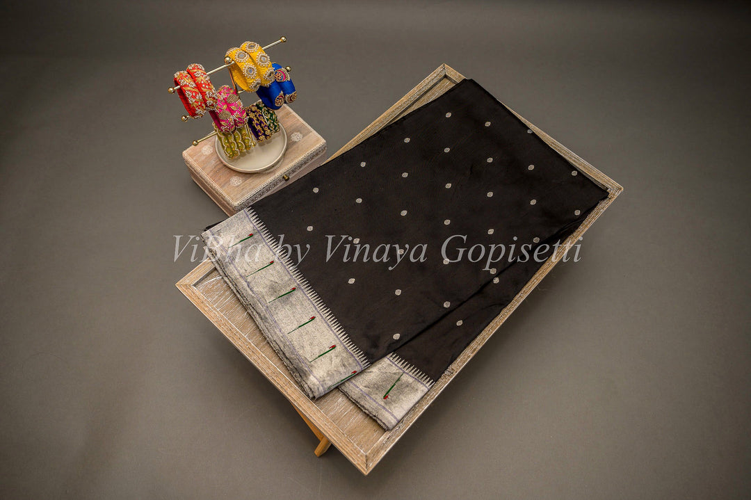 Sarees - Black Silver Zari Paithani Silk Saree With Single Muniya And Floral Design Pallu