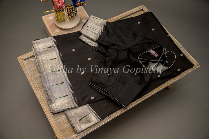 Sarees - Black Silver Zari Paithani Silk Saree With Single Muniya And Floral Design Pallu