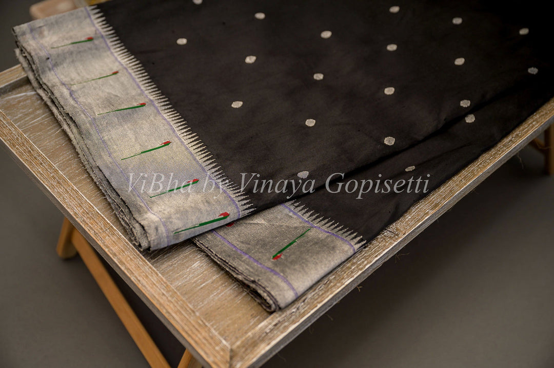 Sarees - Black Silver Zari Paithani Silk Saree With Single Muniya And Floral Design Pallu