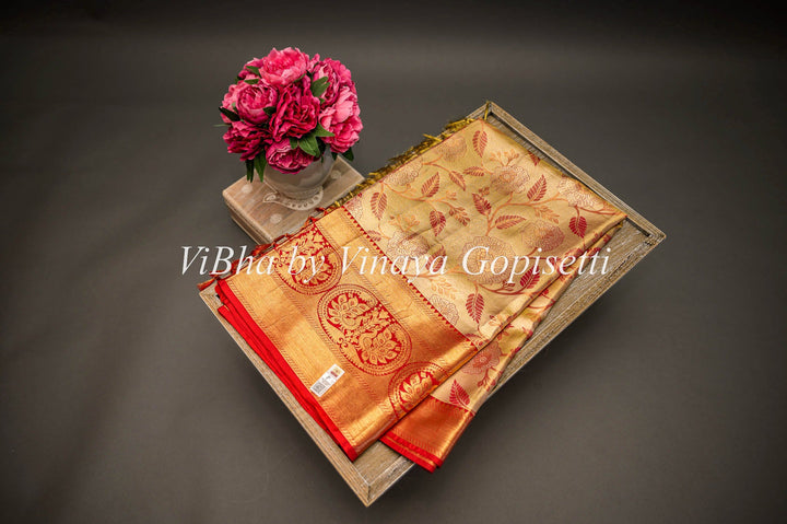 Sarees - Cloud Cream Gold With Red Borders Tissue Kanchi Silk Saree