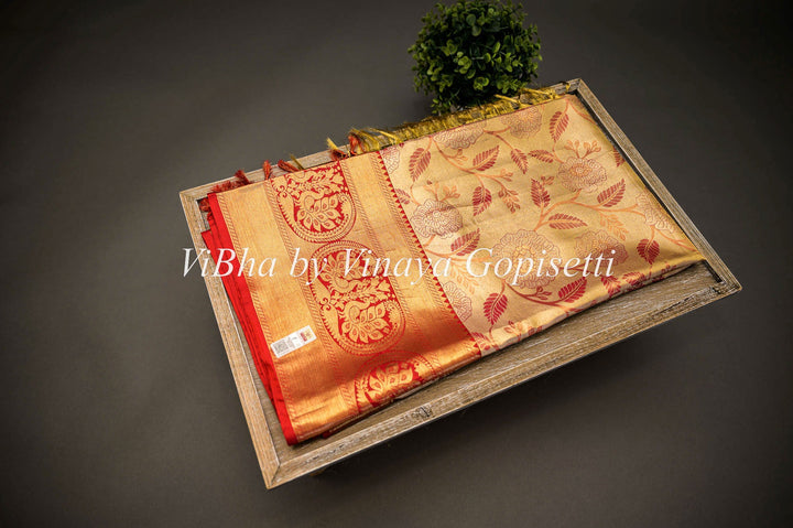 Sarees - Cloud Cream Gold With Red Borders Tissue Kanchi Silk Saree