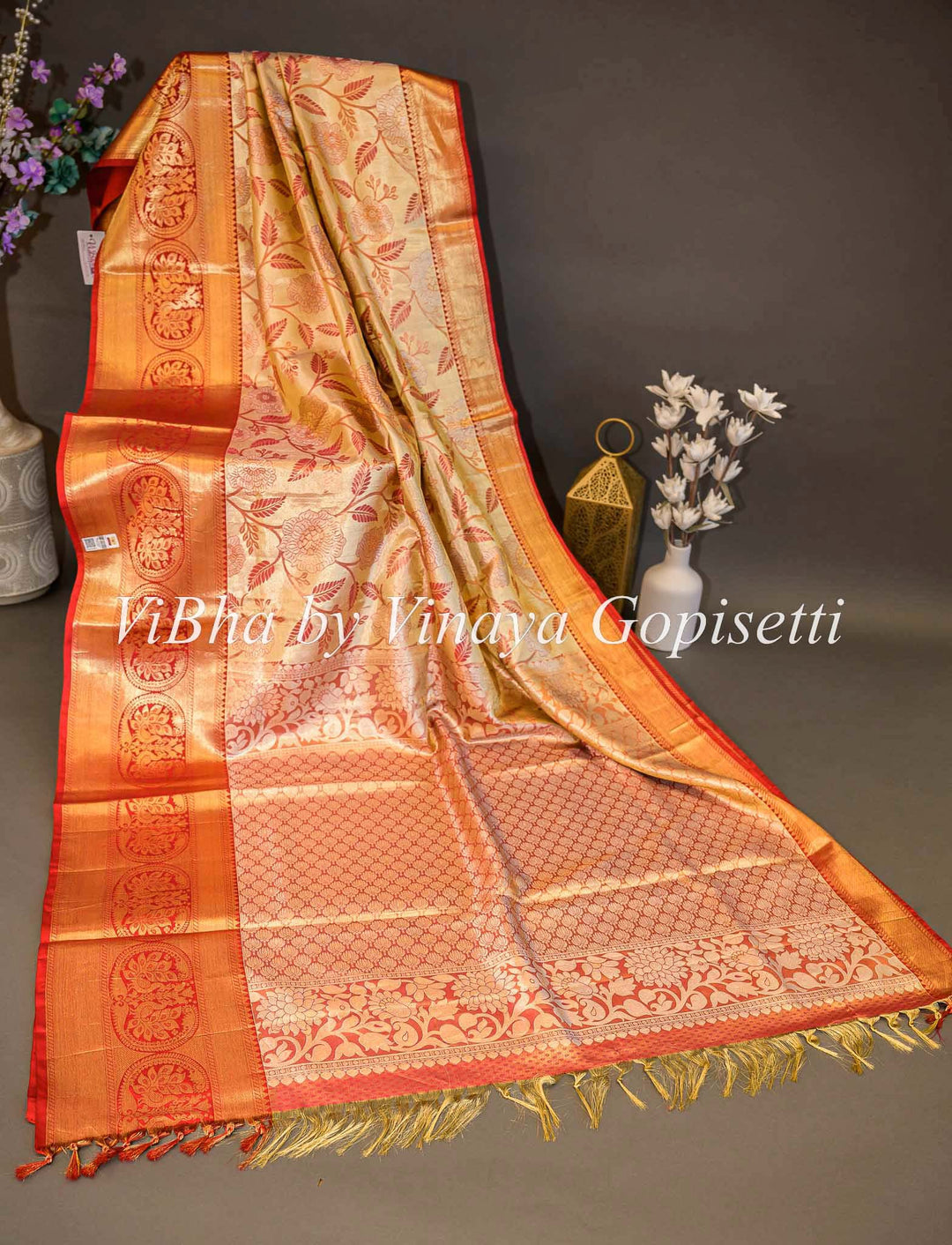 Sarees - Cloud Cream Gold With Red Borders Tissue Kanchi Silk Saree