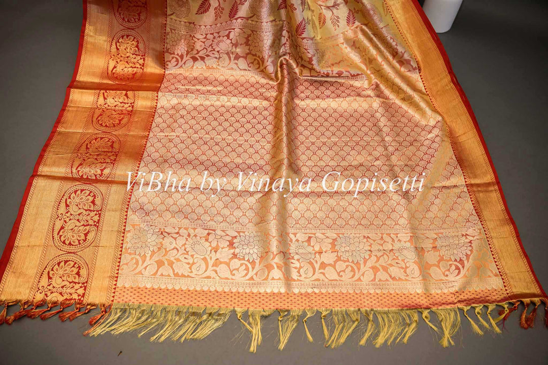 Sarees - Cloud Cream Gold With Red Borders Tissue Kanchi Silk Saree