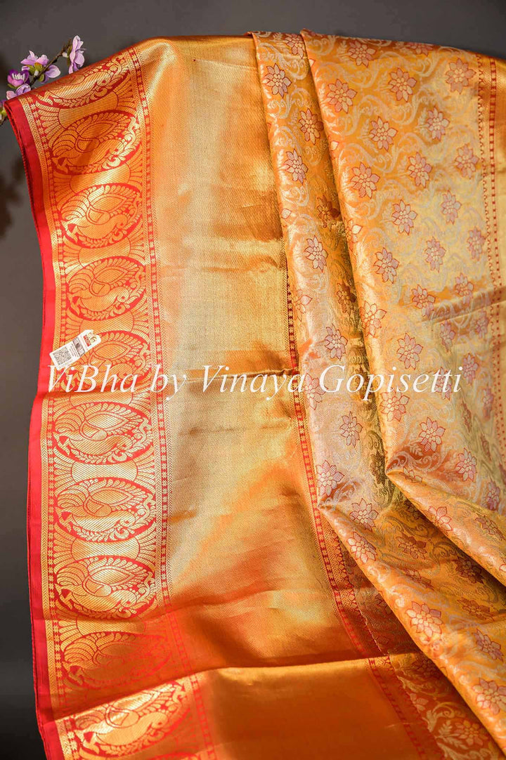 Sarees - Cloud Cream Gold With Red Borders Tissue Kanchi Silk Saree