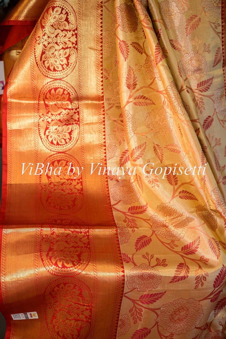 Sarees - Cloud Cream Gold With Red Borders Tissue Kanchi Silk Saree