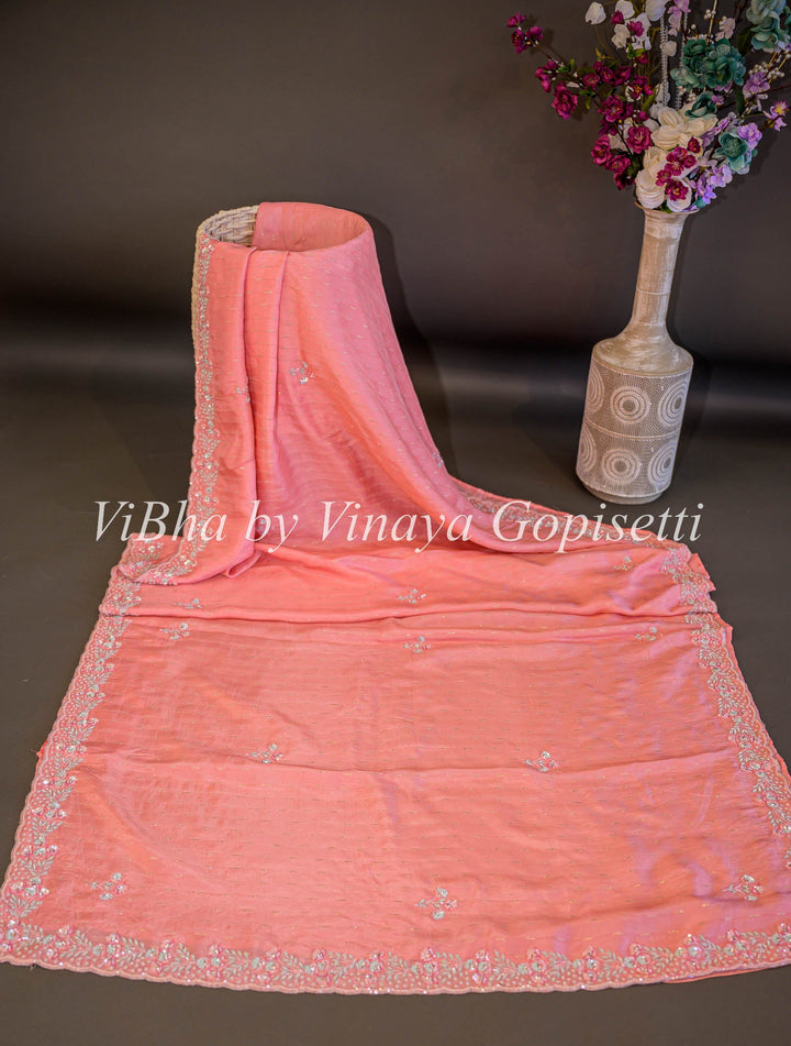 Sarees - Dark And Light Peach Pink Silk Saree And Blouse With Embroidery