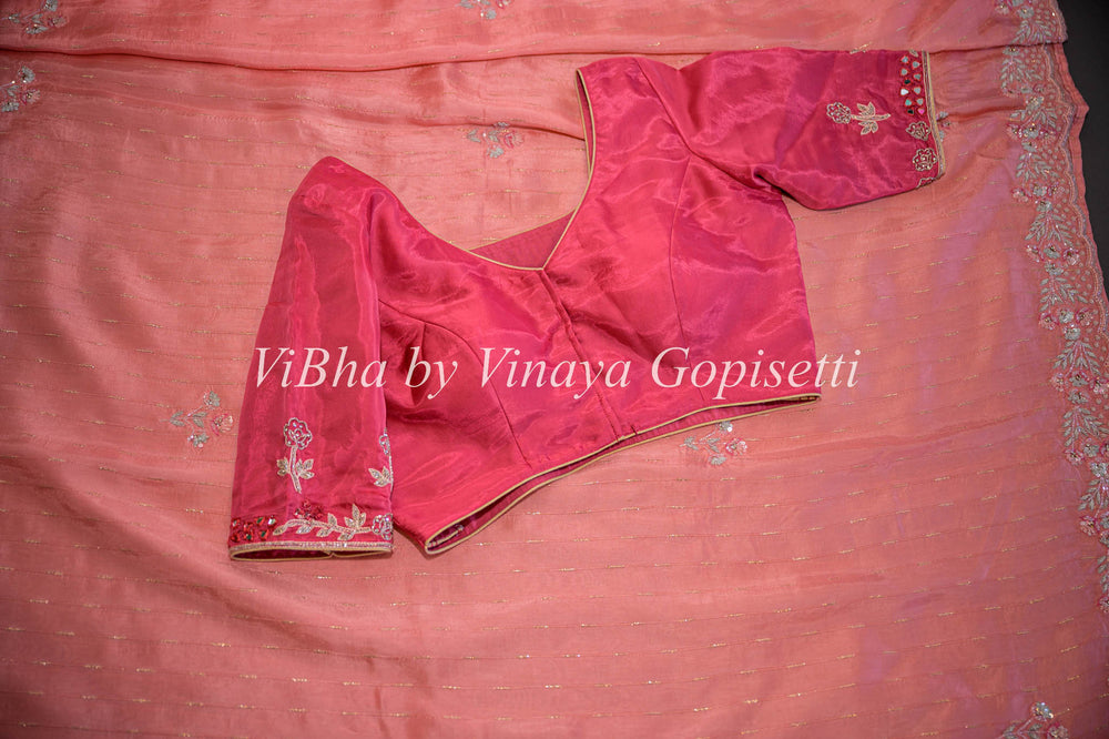 Sarees - Dark And Light Peach Pink Silk Saree And Blouse With Embroidery