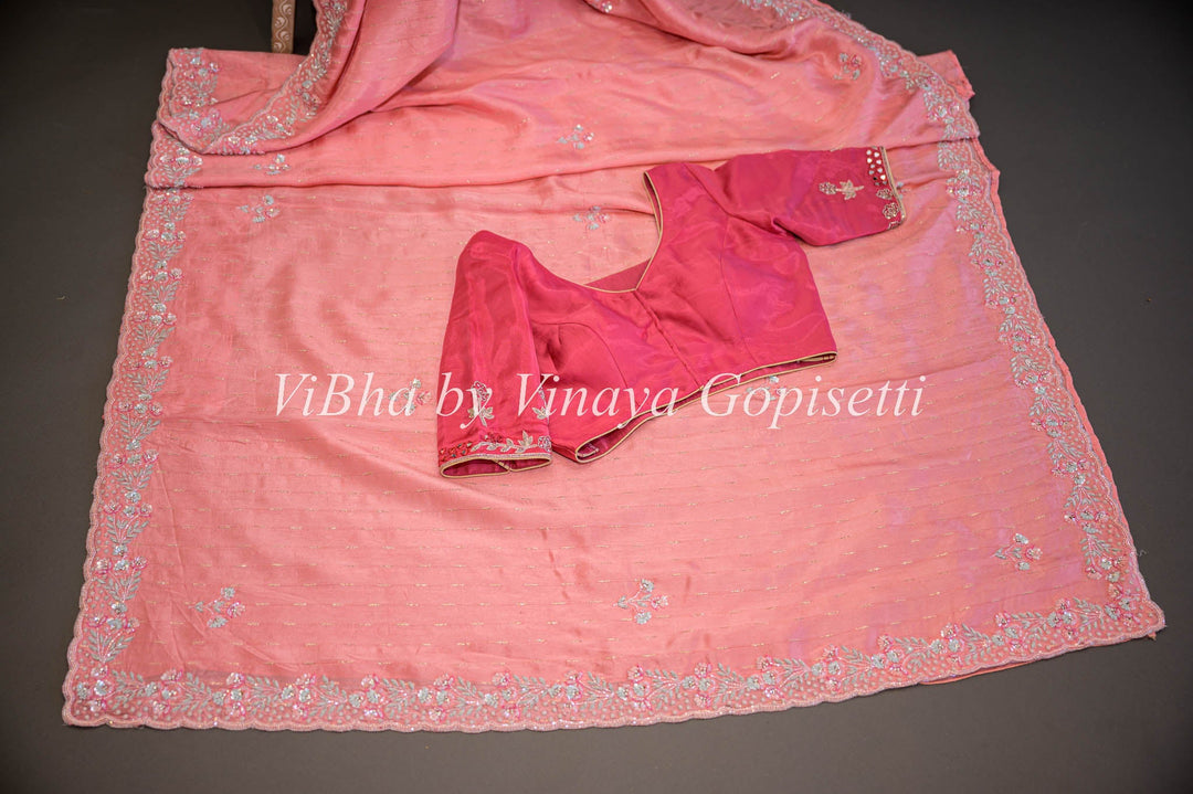 Sarees - Dark And Light Peach Pink Silk Saree And Blouse With Embroidery