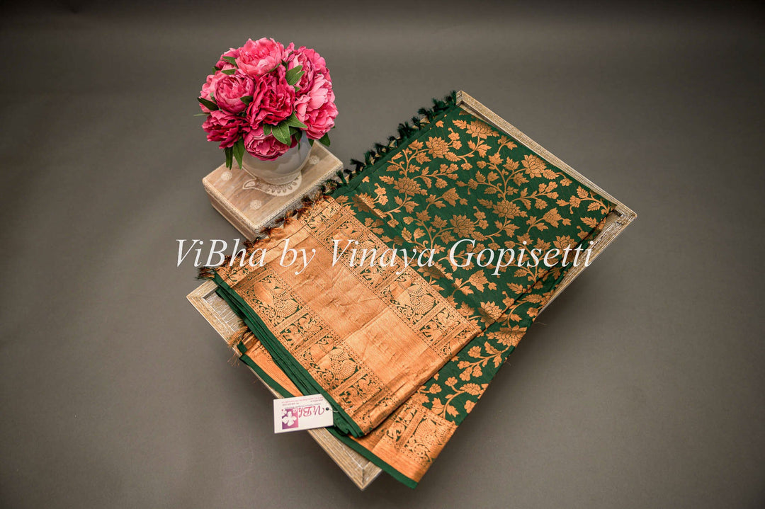 Sarees - Dark Green Copper Zari Kanchi Silk Saree