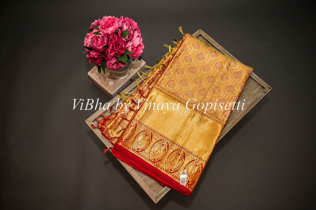 Sarees - Gold Tissue All Over Design With Red Borders Kanchi Silk Saree