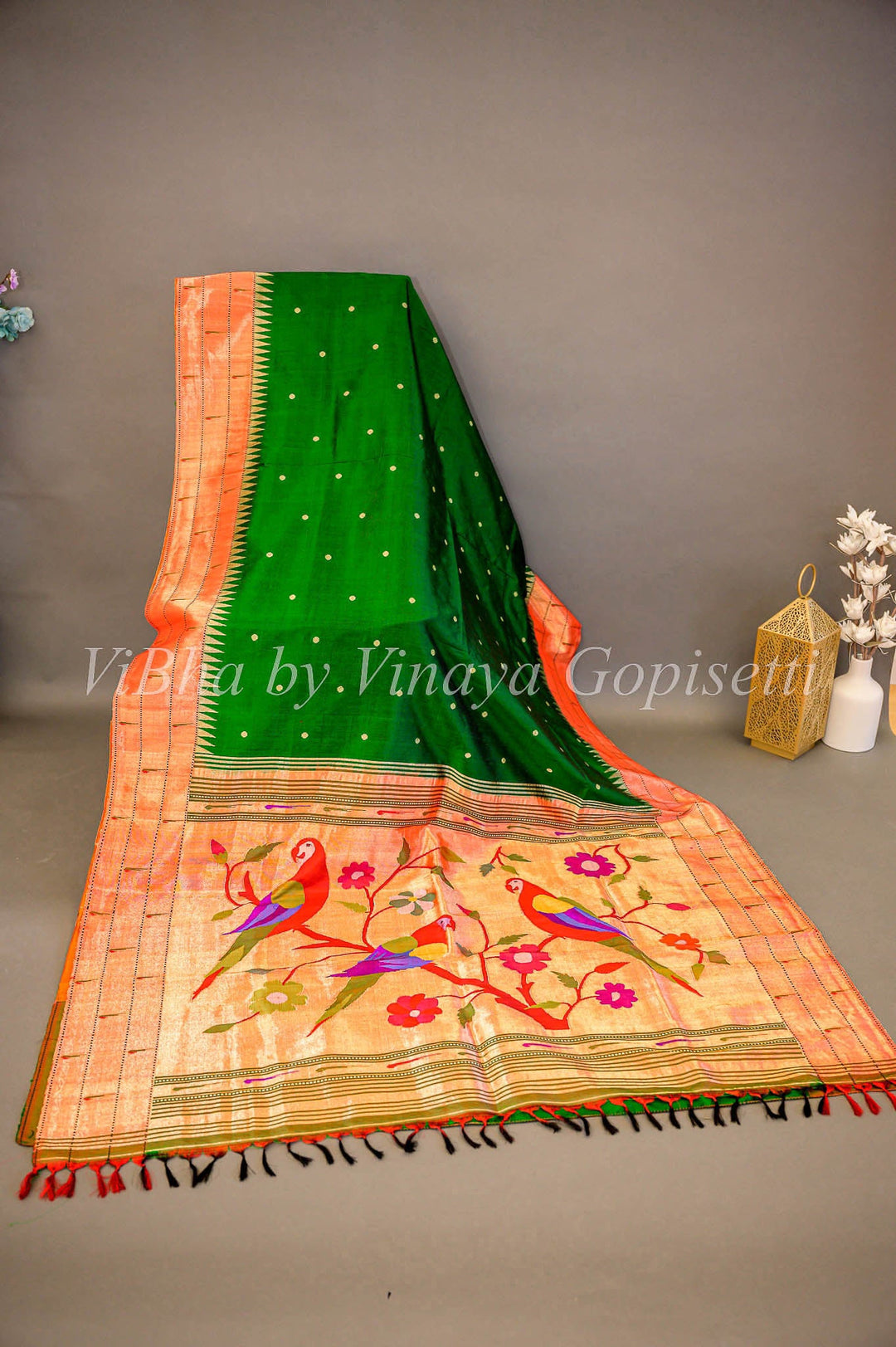 Sarees - Green Paithani Silk Saree With Triple Muniya Border And Muniya Pallu