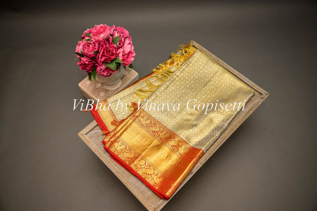 Sarees - Ice Grey And Dark Red Kanchi Silk Saree