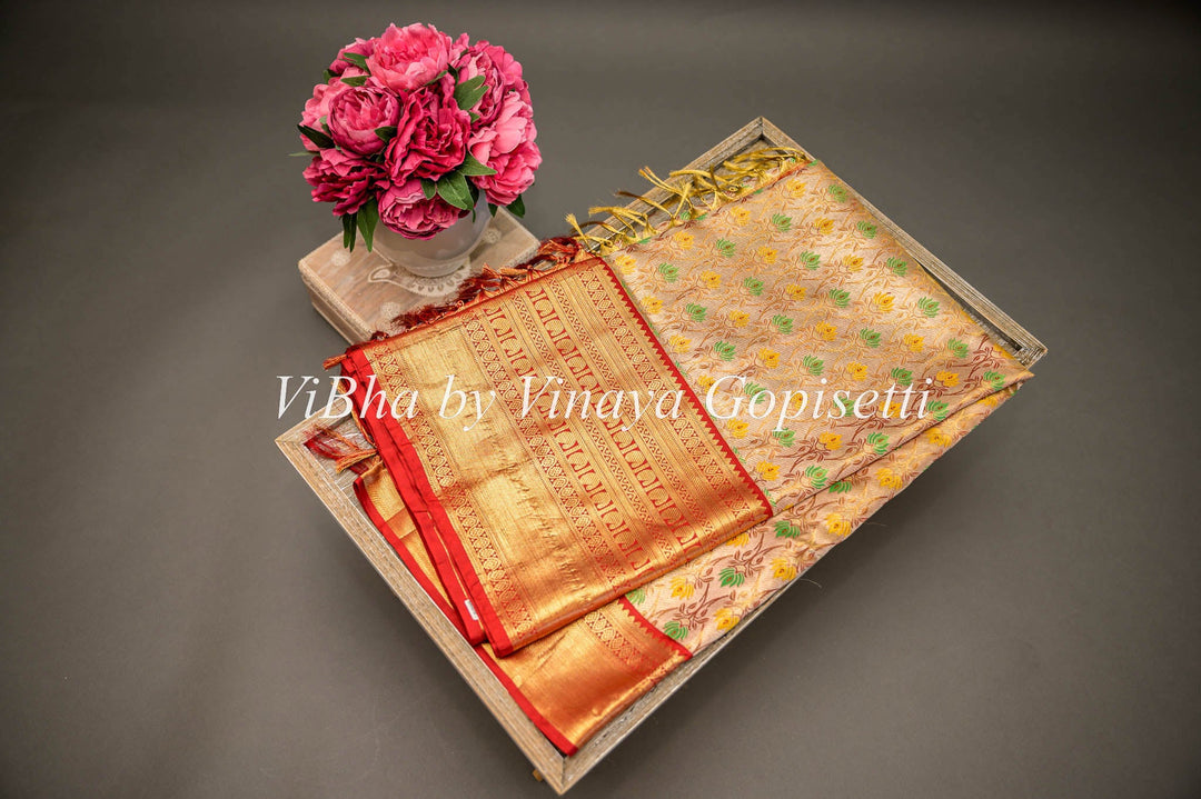 Sarees - Light Gold Tissue With Meenakari Work And Maroon Red Kanchi Silk Saree