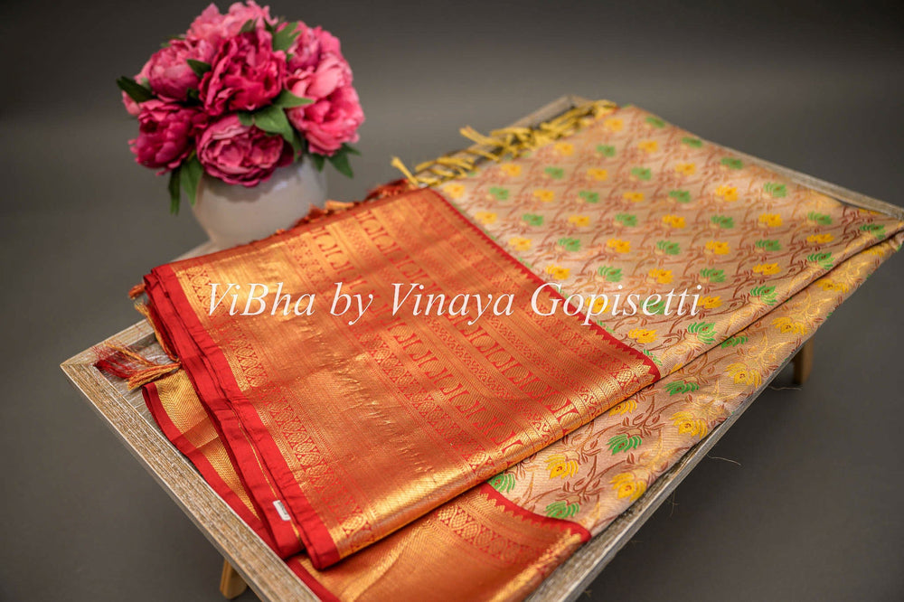 Sarees - Light Gold Tissue With Meenakari Work And Maroon Red Kanchi Silk Saree