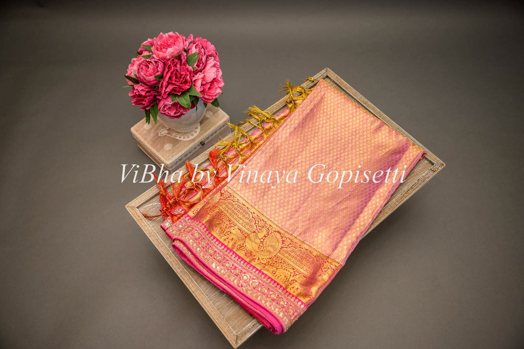 Sarees - Light Pink And Red Kanchi Silk Saree With Embroidered Borders