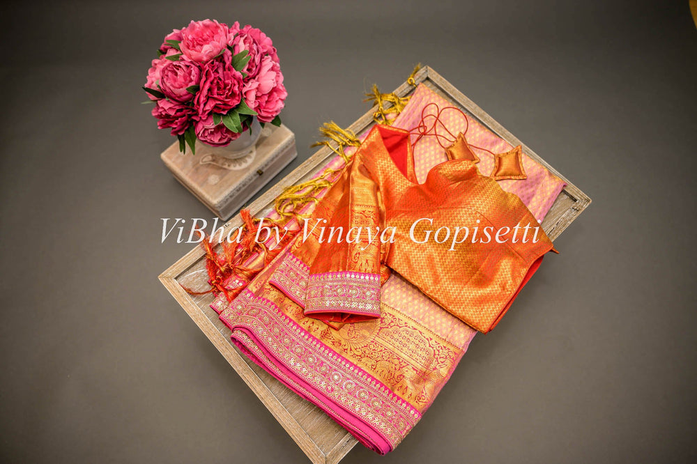 Sarees - Light Pink And Red Kanchi Silk Saree With Embroidered Borders