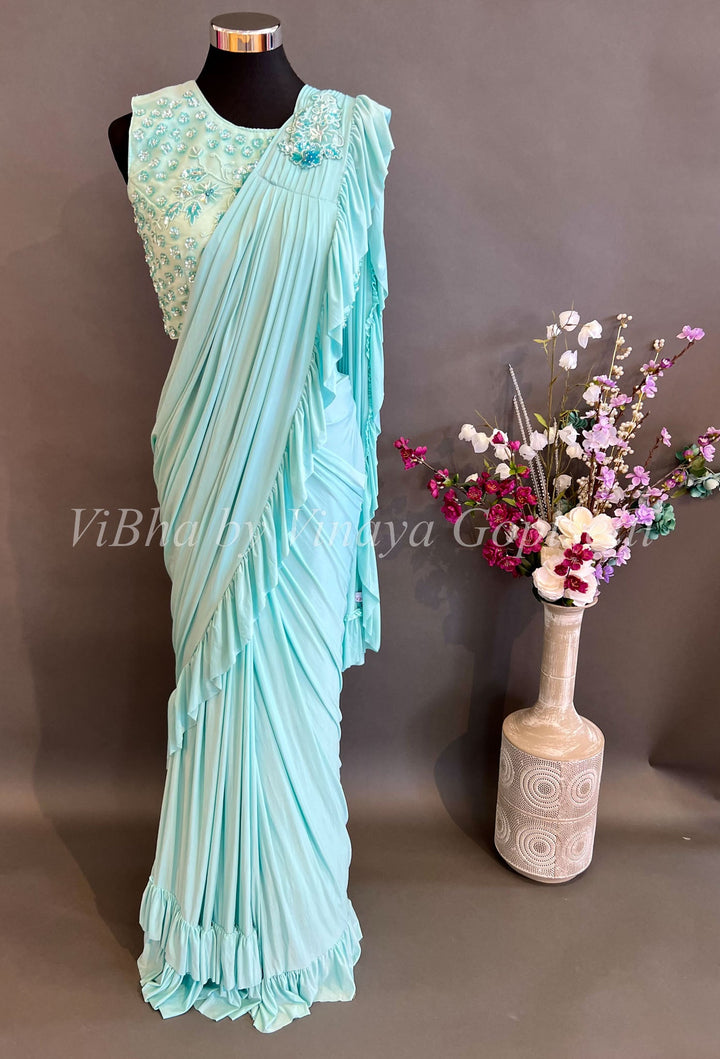 Sarees - Light Sky Blue Double Ruffle Pre Pleated Saree