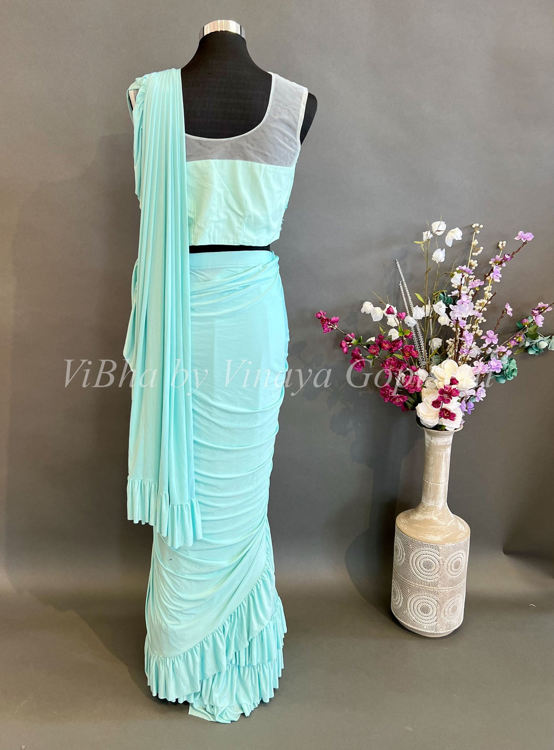 Sarees - Light Sky Blue Double Ruffle Pre Pleated Saree