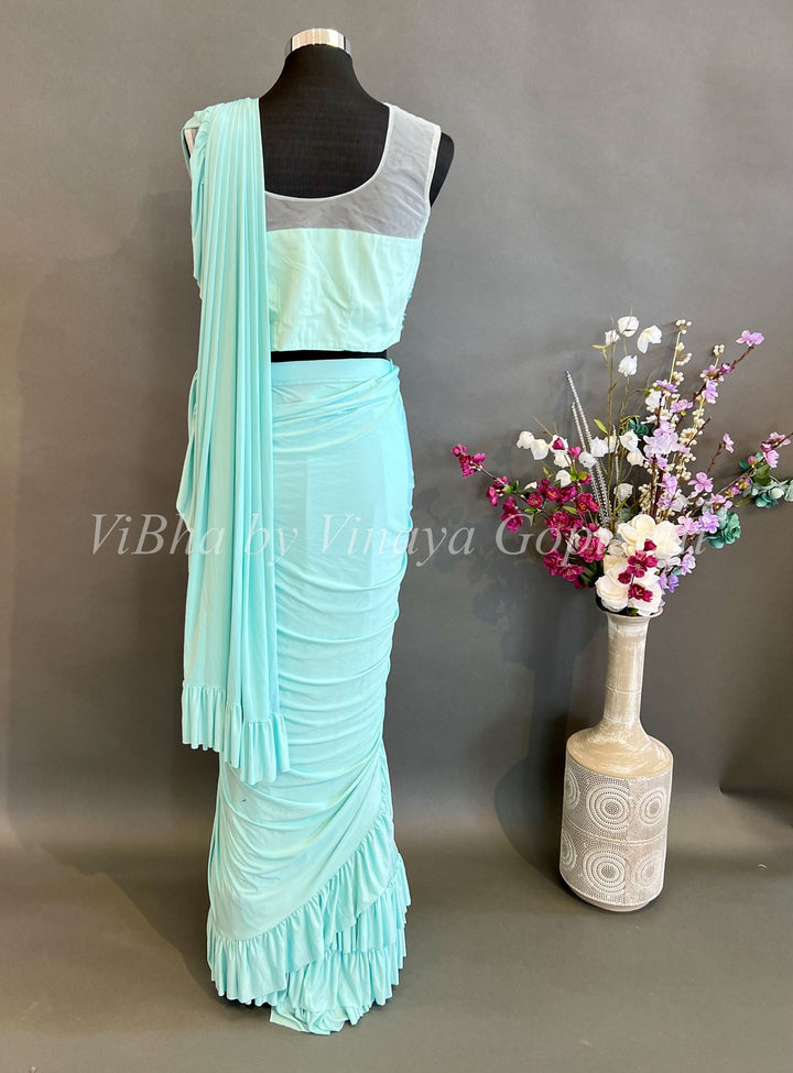 Sarees - Light Sky Blue Double Ruffle Pre Pleated Saree