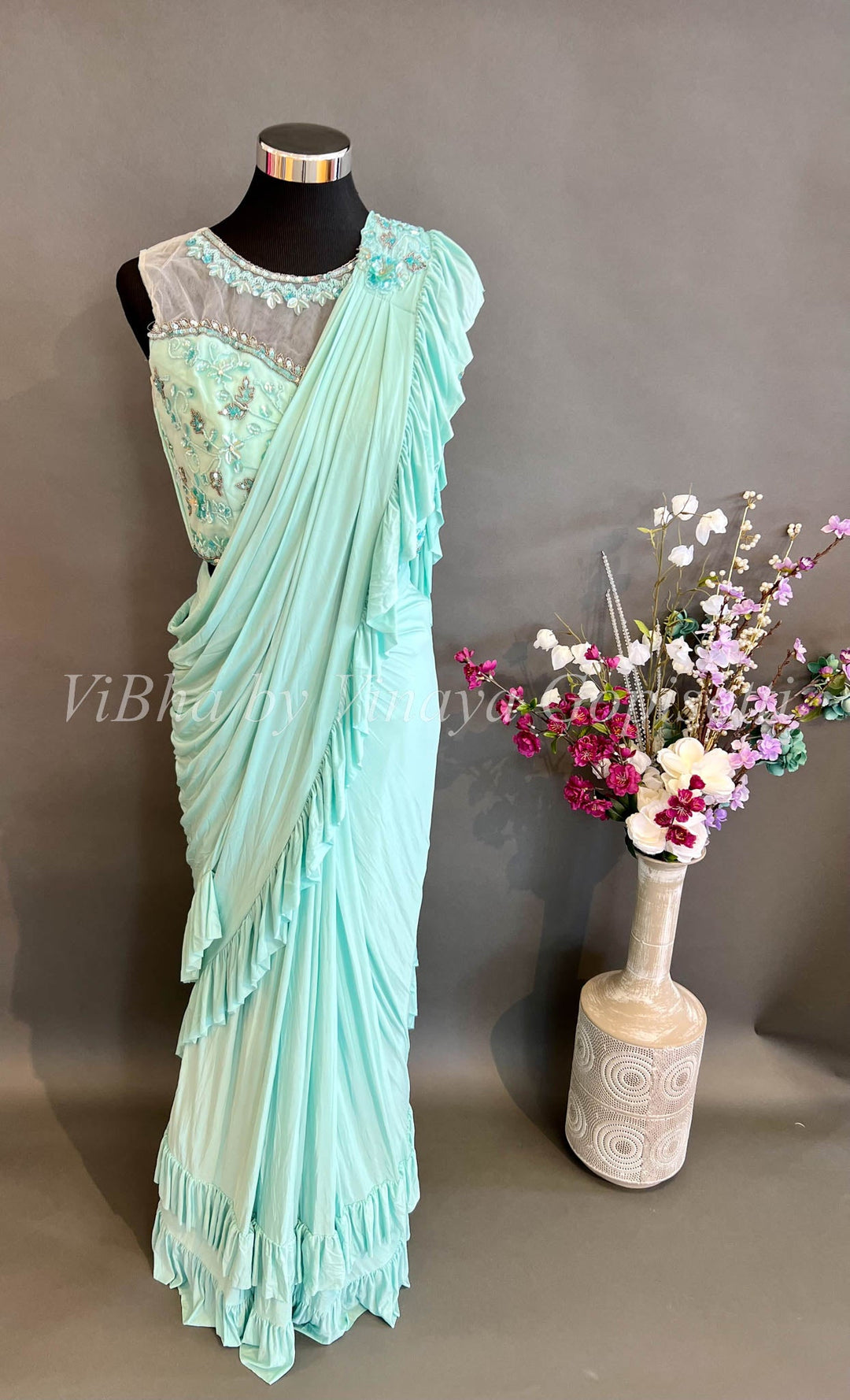 Sarees - Light Sky Blue Pre Pleated Saree