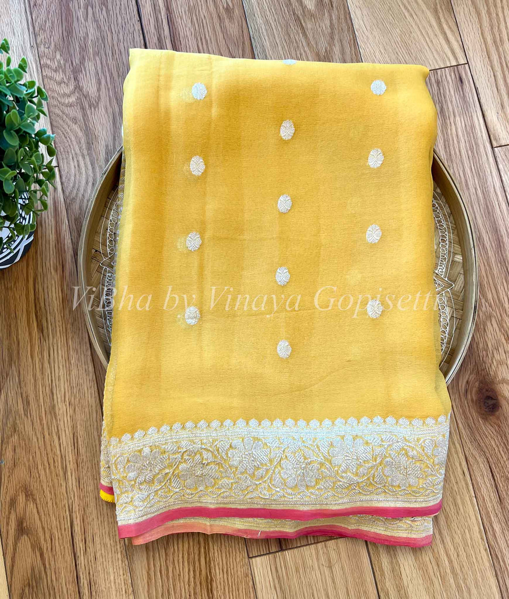 Sarees - Light Yellow & Peach Banarasi Chiffon Silk Saree