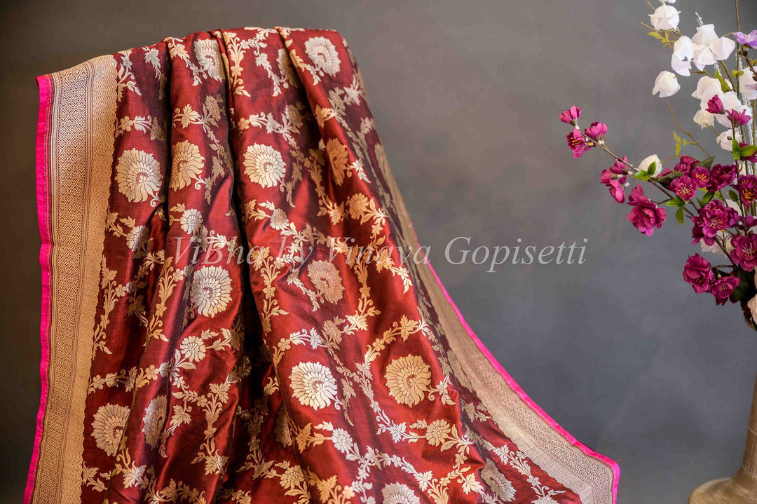 Sarees - Maroon All Over Floral Jungla Weave Banarasi Saree