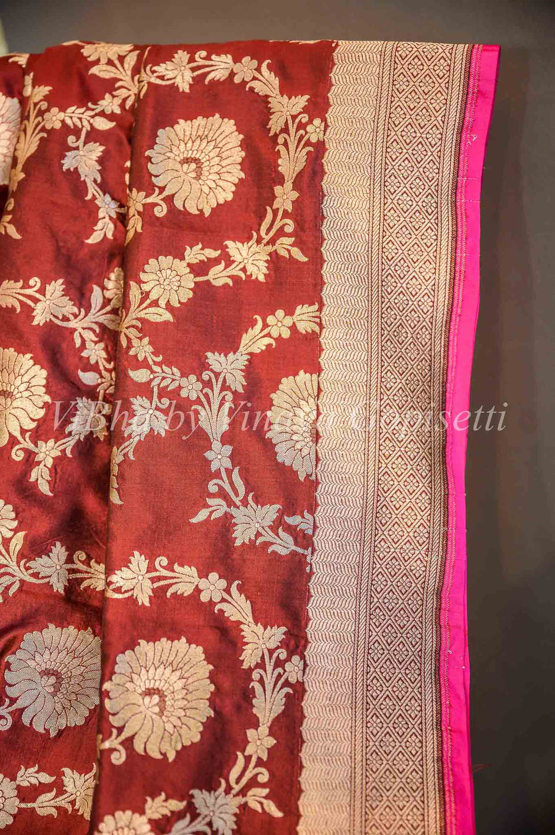 Sarees - Maroon All Over Floral Jungla Weave Banarasi Saree