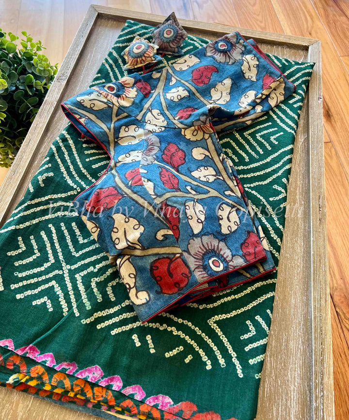 Sarees - Mehendi Green Blue Muga Silk Kalamkari