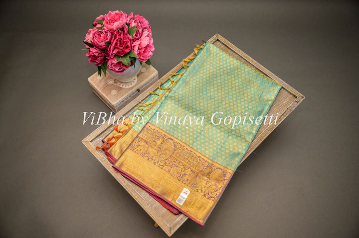 Sarees - Mint And Orange Kanchi Silk Saree