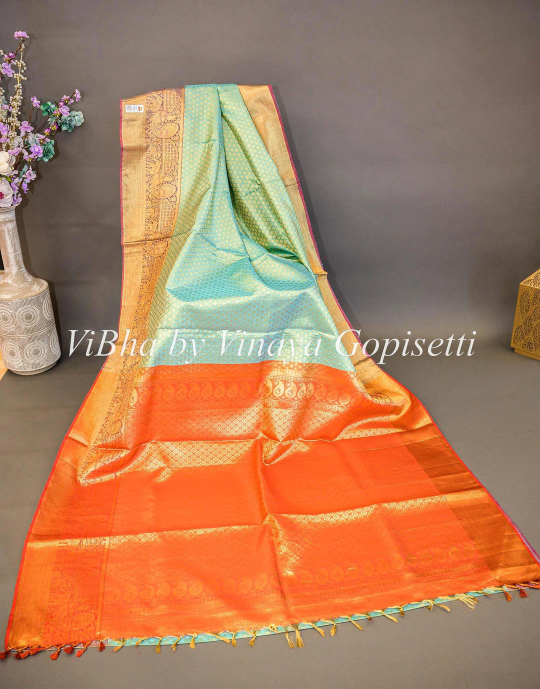 Sarees - Mint And Orange Kanchi Silk Saree