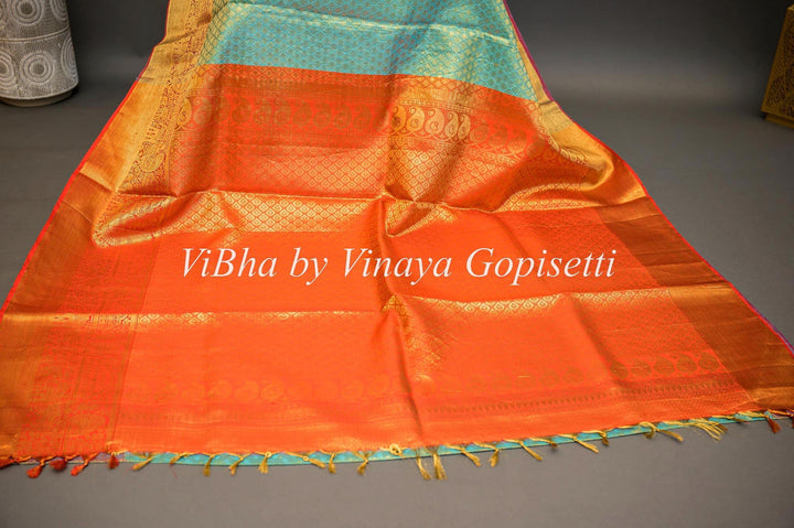 Sarees - Mint And Orange Kanchi Silk Saree