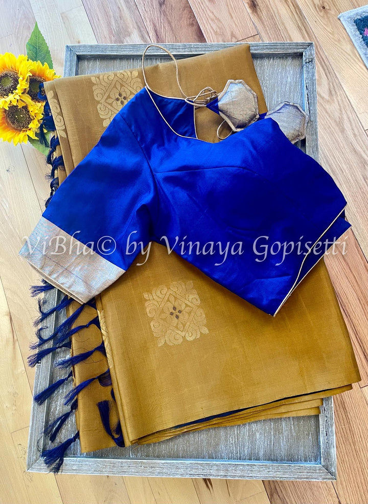 Sarees - Mustard Yellow And Blue Borderless Kanchi Soft Silk Saree