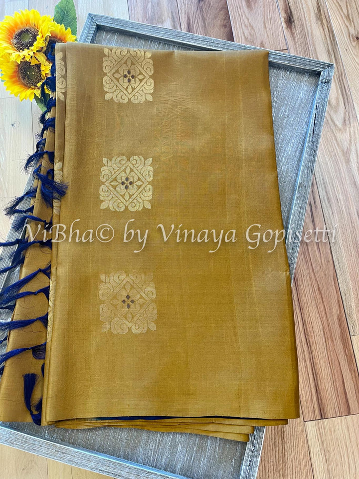 Sarees - Mustard Yellow And Blue Borderless Kanchi Soft Silk Saree